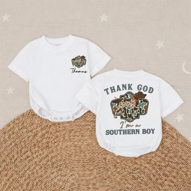 Custom Southern Boy Baby Romper with Hunting Dog Artwork, Soft Cotton Bodysuit for Newborns, Perfect Country Outfit for All Seasons