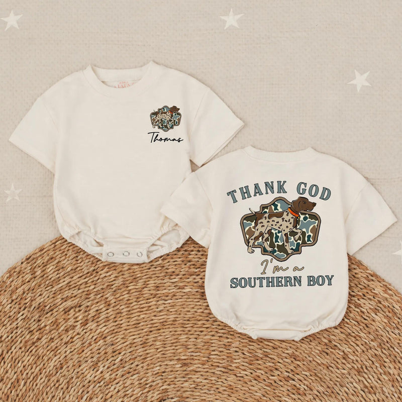 Custom Southern Boy Baby Romper with Hunting Dog Artwork, Soft Cotton Bodysuit for Newborns, Perfect Country Outfit for All Seasons