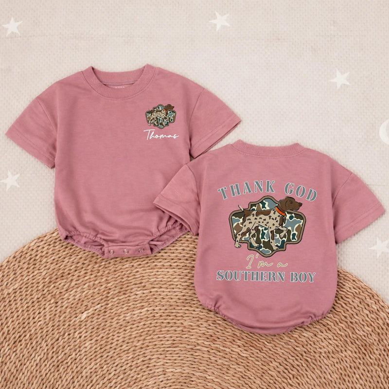 Custom Southern Boy Baby Romper with Hunting Dog Artwork, Soft Cotton Bodysuit for Newborns, Perfect Country Outfit for All Seasons