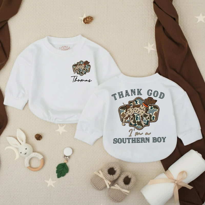 Custom Southern Boy Baby Romper with Hunting Dog Artwork, Soft Cotton Bodysuit for Newborns, Perfect Country Outfit for All Seasons