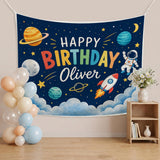 Custom Space-Themed Birthday Silk Banner for Kids, Astronaut Design with Planets & Stars, Personalized with Baby Name and Date