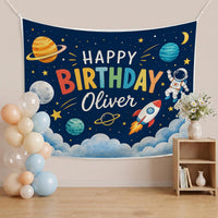 Custom Space-Themed Birthday Silk Banner for Kids, Astronaut Design with Planets & Stars, Personalized with Baby Name and Date
