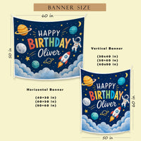Custom Space-Themed Birthday Silk Banner for Kids, Astronaut Design with Planets & Stars, Personalized with Baby Name and Date