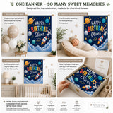 Custom Space-Themed Birthday Silk Banner for Kids, Astronaut Design with Planets & Stars, Personalized with Baby Name and Date