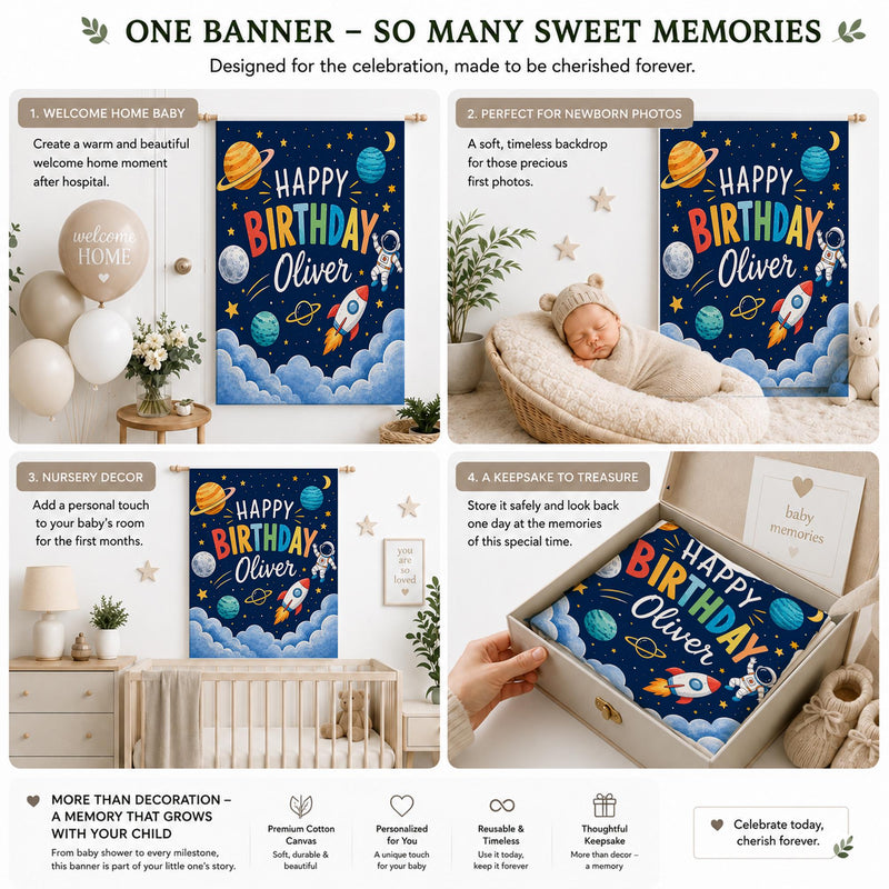Custom Space-Themed Birthday Silk Banner for Kids, Astronaut Design with Planets & Stars, Personalized with Baby Name and Date
