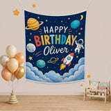 Custom Space-Themed Birthday Silk Banner for Kids, Astronaut Design with Planets & Stars, Personalized with Baby Name and Date