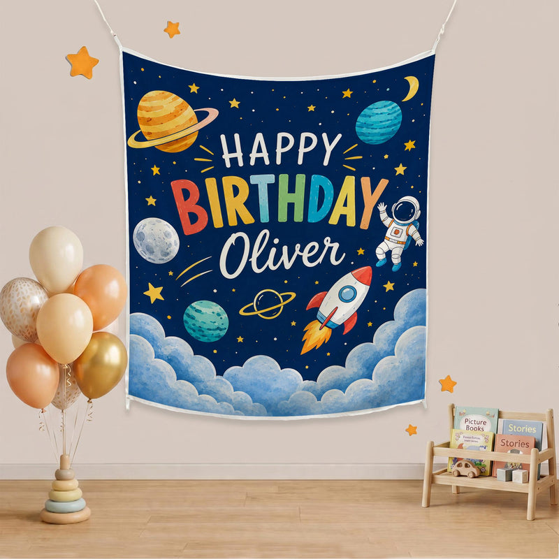 Custom Space-Themed Birthday Silk Banner for Kids, Astronaut Design with Planets & Stars, Personalized with Baby Name and Date