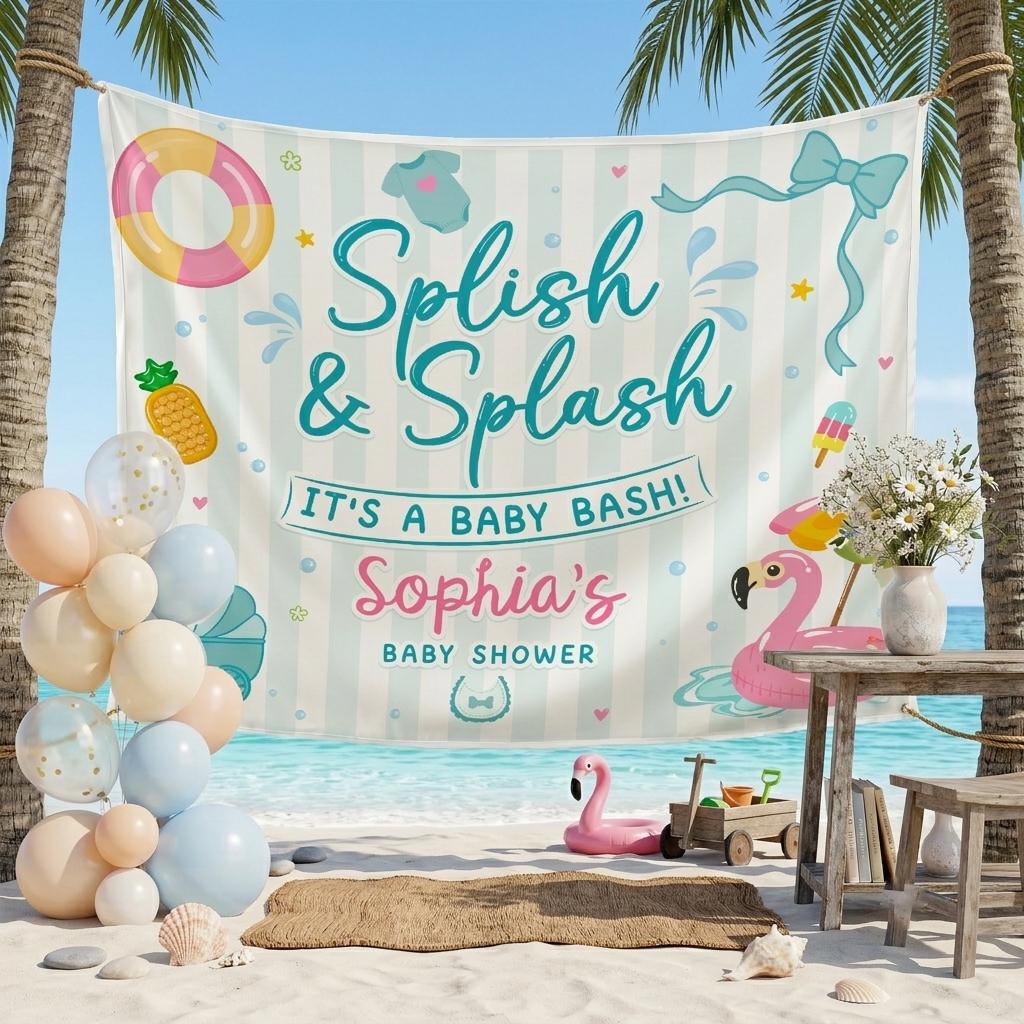 Custom Splish Splash Baby Shower Banner Summer Pool Party Decor Light Blue Striped Design with Fun Illustrations for Baby Bash