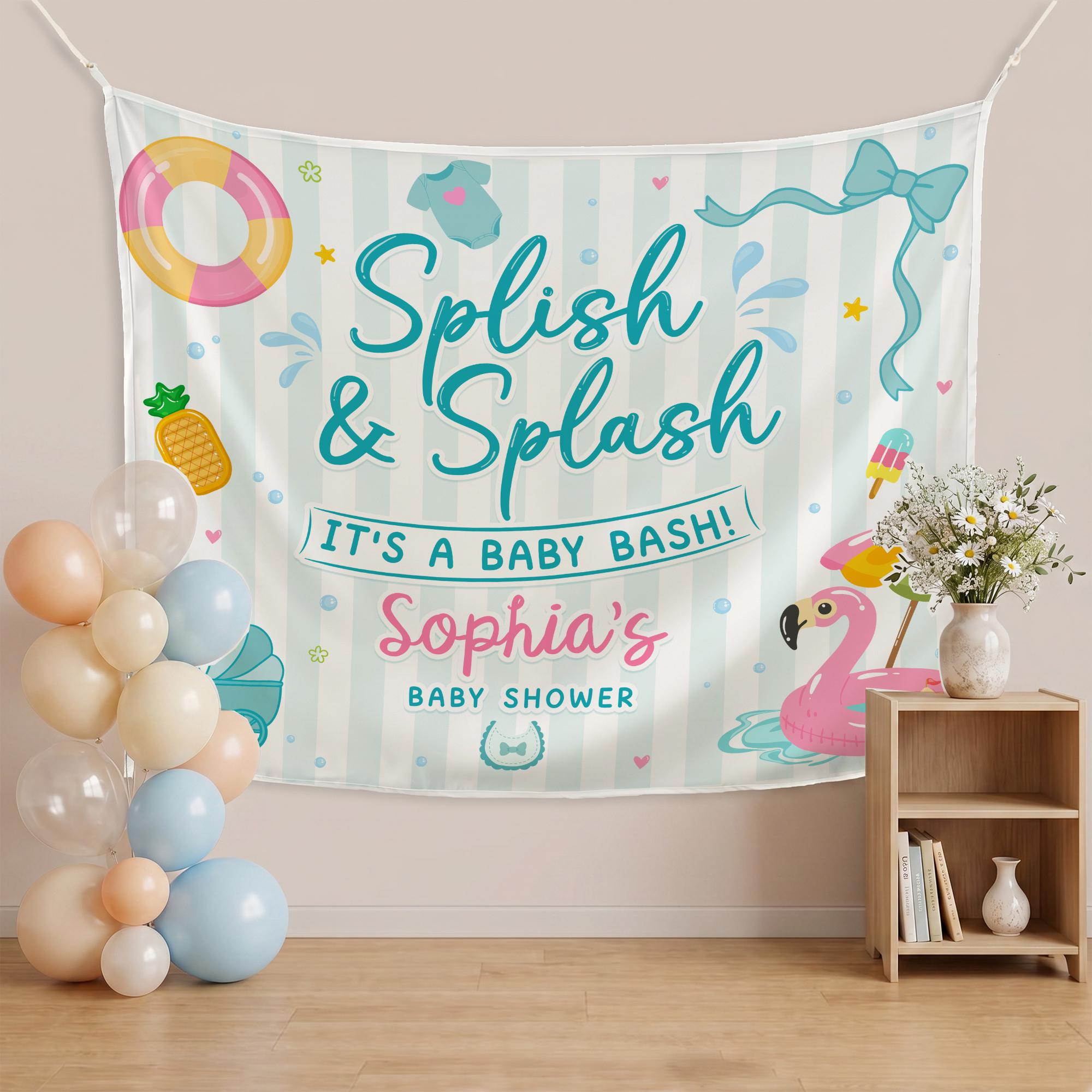 Custom Splish Splash Baby Shower Banner Summer Pool Party Decor Light Blue Striped Design with Fun Illustrations for Baby Bash
