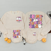 Custom Spooky Auntie and Niece Matching Outfit - Retro Ghost Print Long Sleeve Romper, Kids' T-Shirt, and Adult Sweatshirt for Halloween