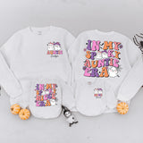Custom Spooky Auntie and Niece Matching Outfit - Retro Ghost Print Long Sleeve Romper, Kids' T-Shirt, and Adult Sweatshirt for Halloween