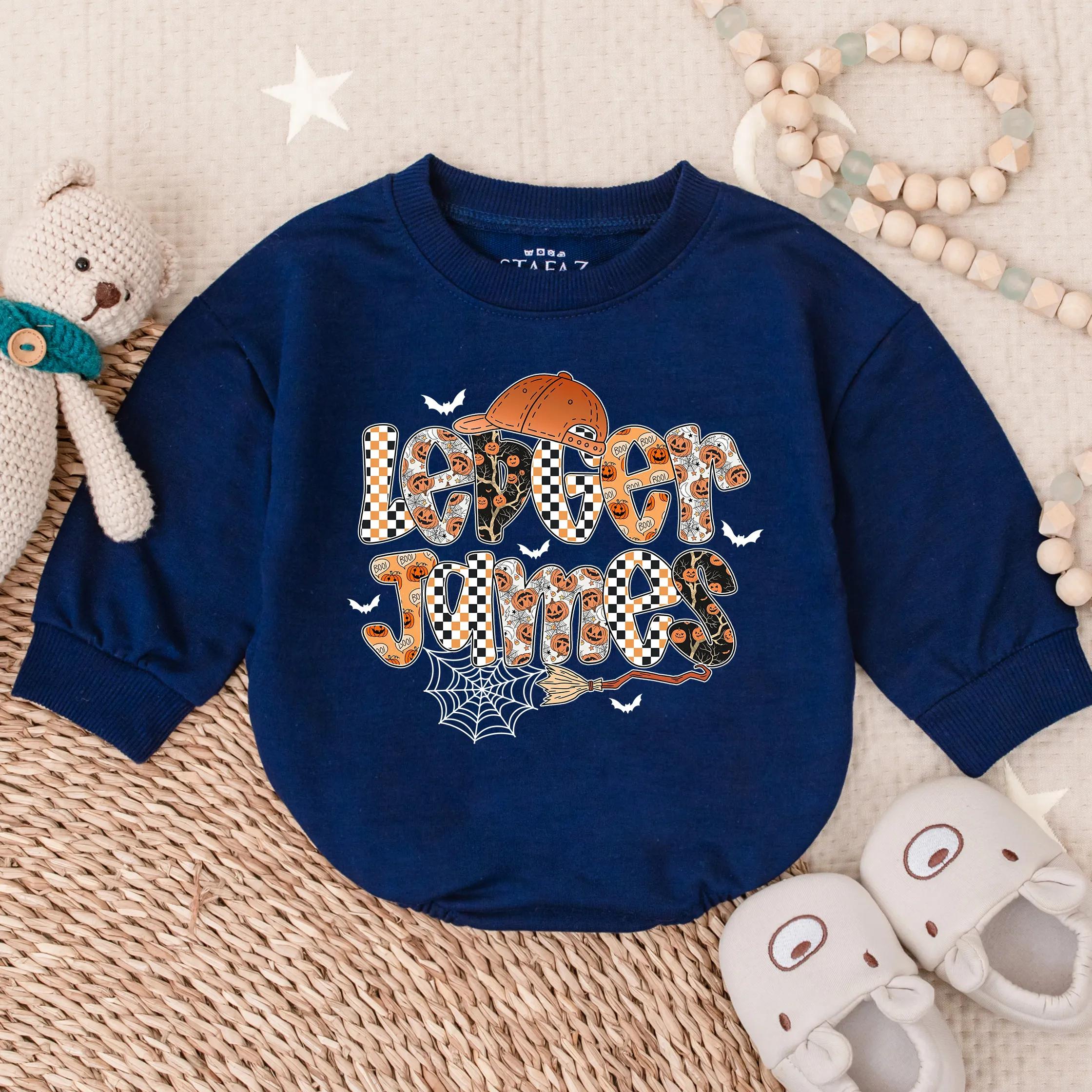 Custom Spooky Dude Baby Romper with Pumpkins Ghosts Halloween Outfit Toddler Fall Gift Personalize with Name Festive Cotton Bodysuit
