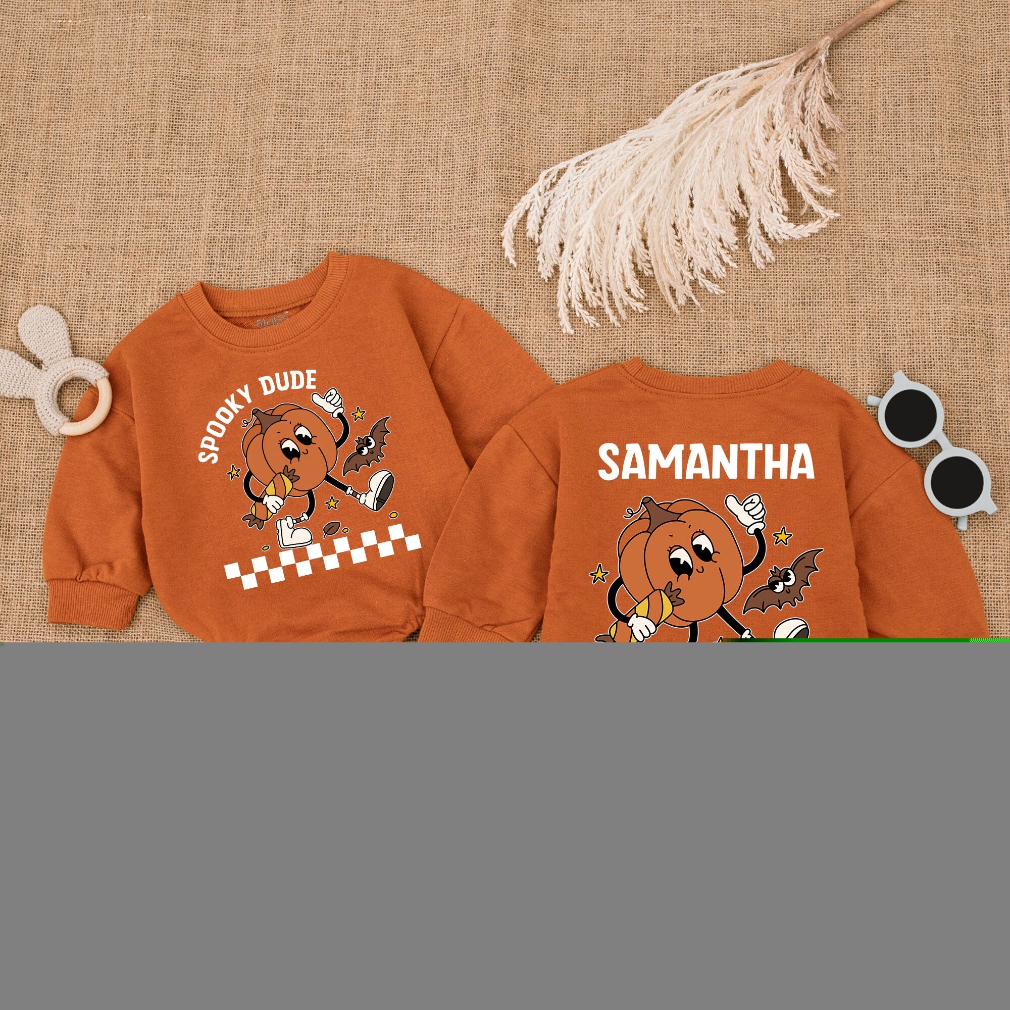 Custom Spooky Dude Halloween Romper with Pumpkin Character Baby Boy Vintage Bodysuit Gift Fun Autumn Checkered Design Personalized Name