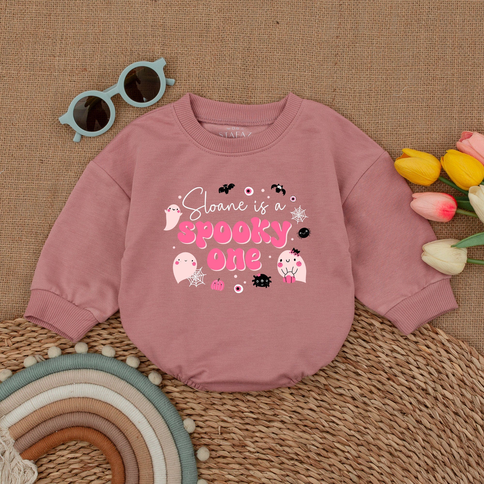 Custom Spooky One Baby Romper with Ghosts and Pumpkin Halloween Birthday Outfit Infant Cotton Soft Fall Shower Gift