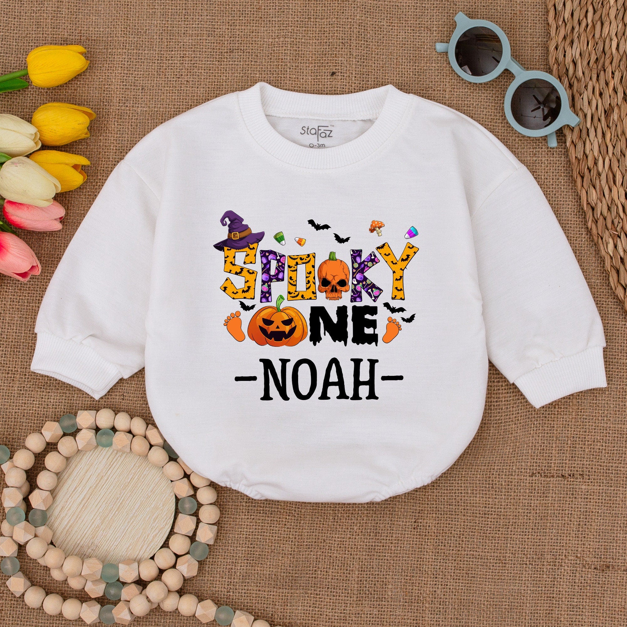 Custom Spooky One Baby Romper Halloween Outfit, Personalized Fall Infant Gift, Pumpkin Bat Design, Soft Cotton Birthday Bodysuit