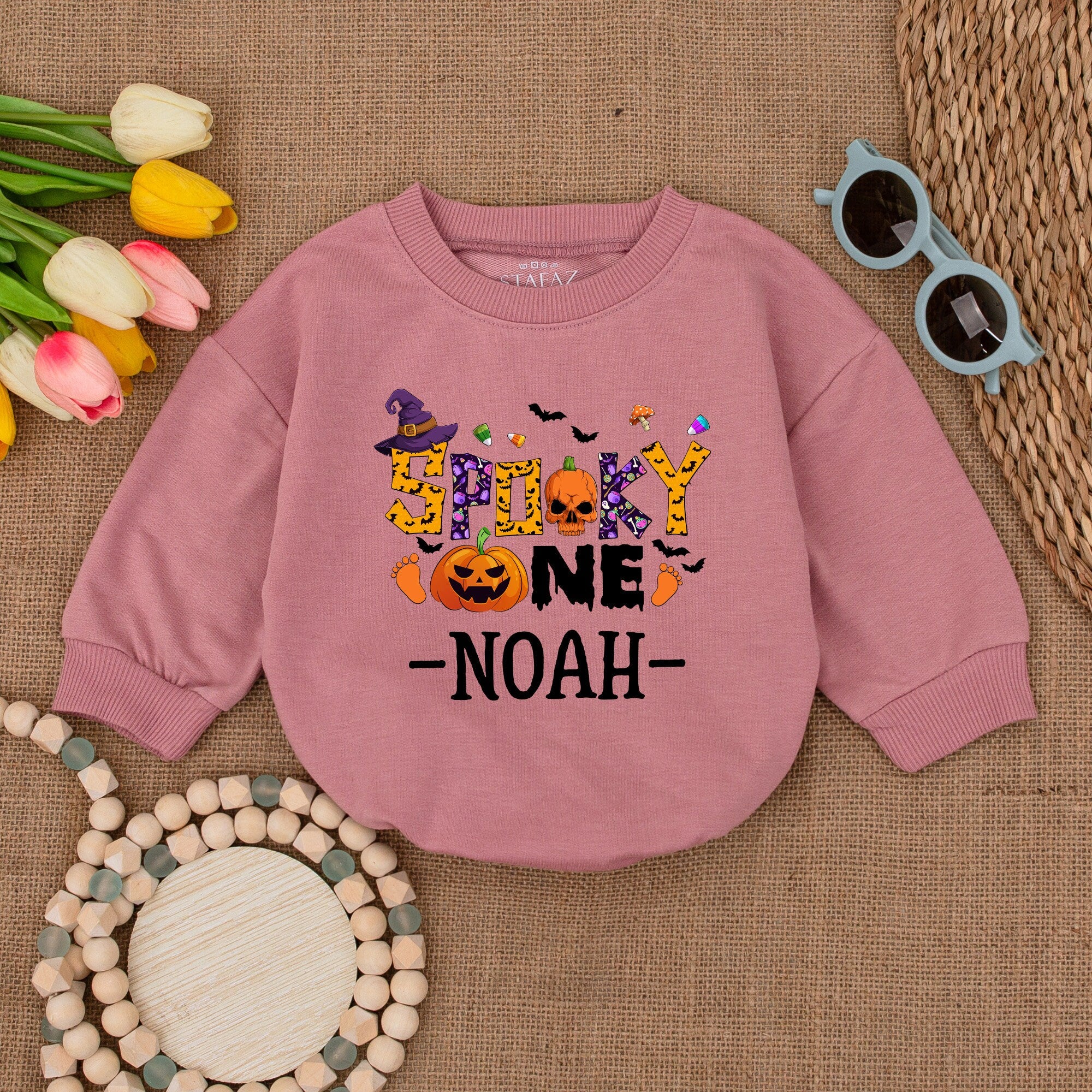 Custom Spooky One Baby Romper Halloween Outfit, Personalized Fall Infant Gift, Pumpkin Bat Design, Soft Cotton Birthday Bodysuit