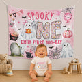 Custom Spooky One Pink Halloween Silk Banner & Romper Set for Baby Girl 1st Birthday, Ghost & Pumpkin Design, Personalized Boo Day Outfit
