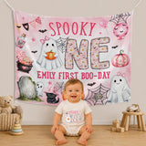 Custom Spooky One Pink Halloween Silk Banner & Romper Set for Baby Girl 1st Birthday, Ghost & Pumpkin Design, Personalized Boo Day Outfit