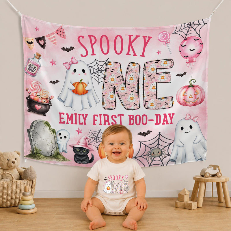 Custom Spooky One Pink Halloween Silk Banner & Romper Set for Baby Girl 1st Birthday, Ghost & Pumpkin Design, Personalized Boo Day Outfit