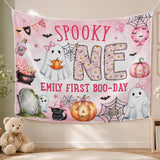 Custom Spooky One Pink Halloween Silk Banner & Romper Set for Baby Girl 1st Birthday, Ghost & Pumpkin Design, Personalized Boo Day Outfit