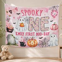 Custom Spooky One Pink Halloween Silk Banner & Romper Set for Baby Girl 1st Birthday, Ghost & Pumpkin Design, Personalized Boo Day Outfit