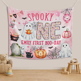 Custom Spooky One Pink Halloween Silk Banner & Romper Set for Baby Girl 1st Birthday, Ghost & Pumpkin Design, Personalized Boo Day Outfit