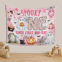 Custom Spooky One Pink Halloween Silk Banner & Romper Set for Baby Girl 1st Birthday, Ghost & Pumpkin Design, Personalized Boo Day Outfit