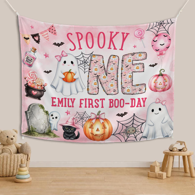 Custom Spooky One Pink Halloween Silk Banner & Romper Set for Baby Girl 1st Birthday, Ghost & Pumpkin Design, Personalized Boo Day Outfit