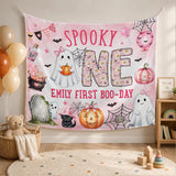 Custom Spooky One Pink Halloween Silk Banner & Romper Set for Baby Girl 1st Birthday, Ghost & Pumpkin Design, Personalized Boo Day Outfit
