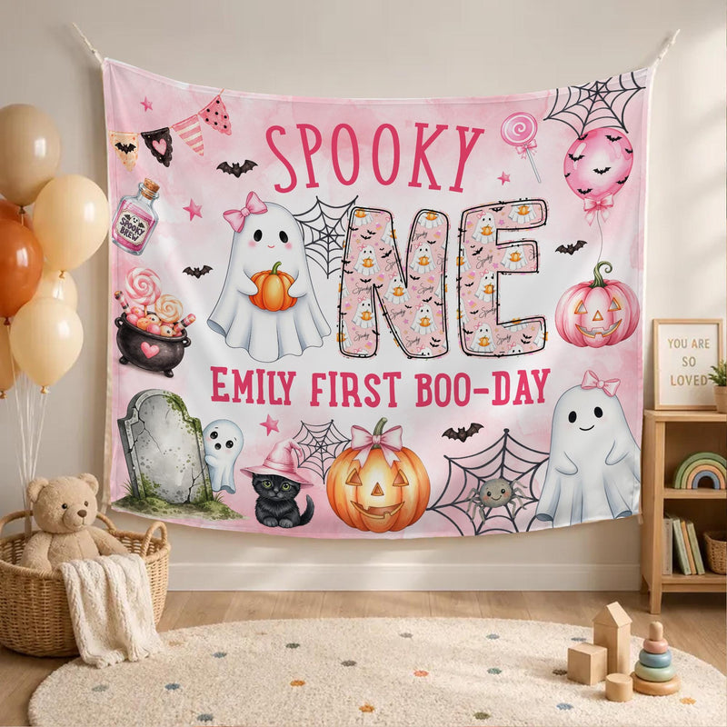 Custom Spooky One Pink Halloween Silk Banner & Romper Set for Baby Girl 1st Birthday, Ghost & Pumpkin Design, Personalized Boo Day Outfit
