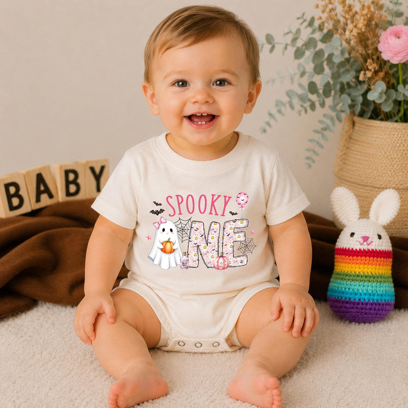 Custom Spooky One Pink Halloween Silk Banner & Romper Set for Baby Girl 1st Birthday, Ghost & Pumpkin Design, Personalized Boo Day Outfit