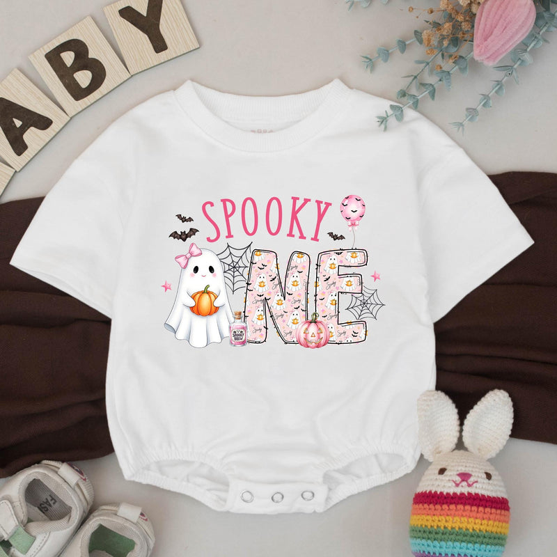 Custom Spooky One Pink Halloween Silk Banner & Romper Set for Baby Girl 1st Birthday, Ghost & Pumpkin Design, Personalized Boo Day Outfit