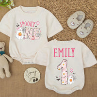 Custom Spooky One Pink Halloween Silk Banner & Romper Set for Baby Girl 1st Birthday, Ghost & Pumpkin Design, Personalized Boo Day Outfit