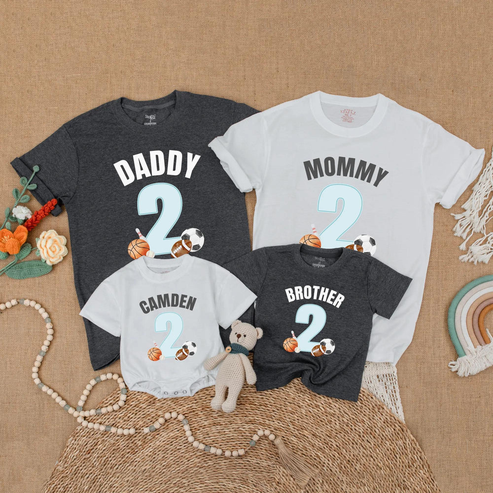 Custom Sports 2nd Birthday Shirt for Family Matching Outfits with Name and Number, Soft Cotton Party Gift for Baby Boy or Toddler Celebration