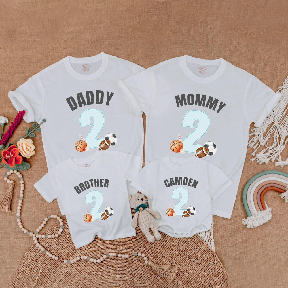 Custom Sports 2nd Birthday Shirt for Family Matching Outfits with Name and Number, Soft Cotton Party Gift for Baby Boy or Toddler Celebration