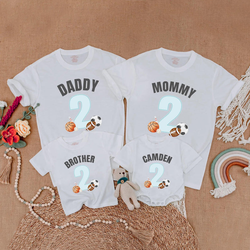 Custom Sports 2nd Birthday Shirt for Family Matching Outfits with Name and Number, Soft Cotton Party Gift for Baby Boy or Toddler Celebration
