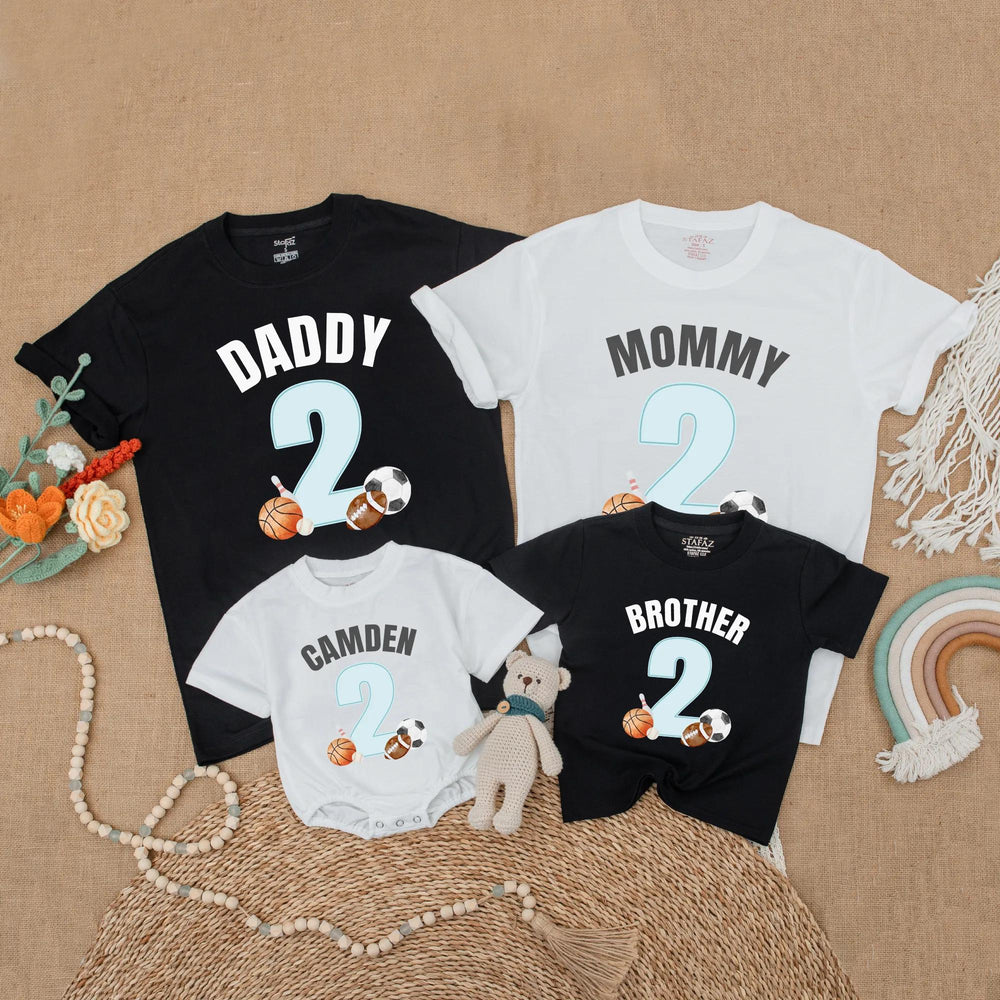 Custom Sports 2nd Birthday Shirt for Family Matching Outfits with Name and Number, Soft Cotton Party Gift for Baby Boy or Toddler Celebration