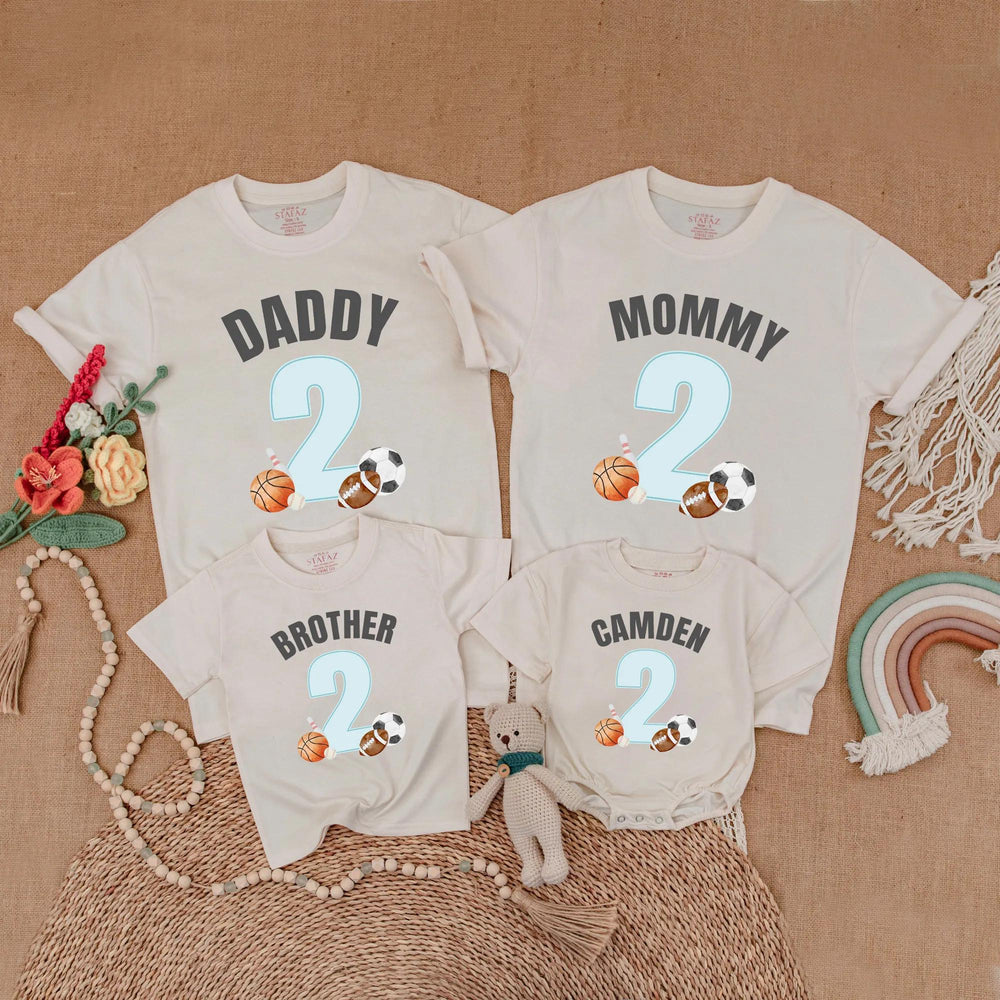 Custom Sports 2nd Birthday Shirt for Family Matching Outfits with Name and Number, Soft Cotton Party Gift for Baby Boy or Toddler Celebration