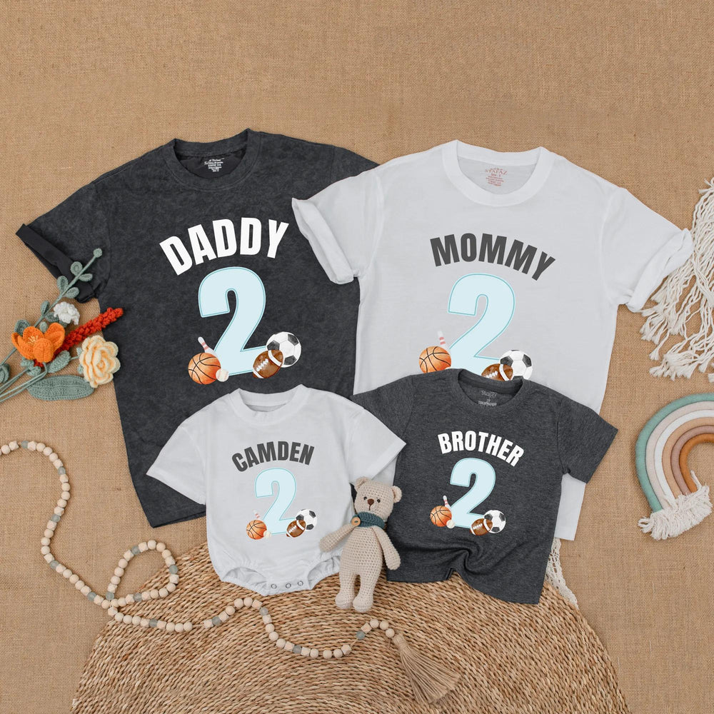 Custom Sports 2nd Birthday Shirt for Family Matching Outfits with Name and Number, Soft Cotton Party Gift for Baby Boy or Toddler Celebration