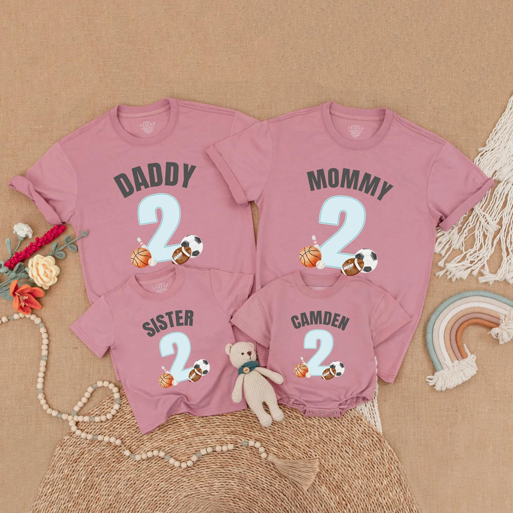 Custom Sports 2nd Birthday Shirt for Family Matching Outfits with Name and Number, Soft Cotton Party Gift for Baby Boy or Toddler Celebration