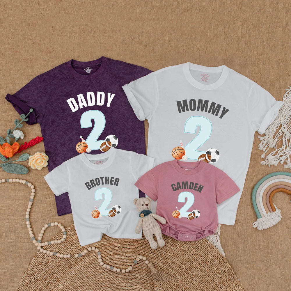 Custom Sports 2nd Birthday Shirt for Family Matching Outfits with Name and Number, Soft Cotton Party Gift for Baby Boy or Toddler Celebration