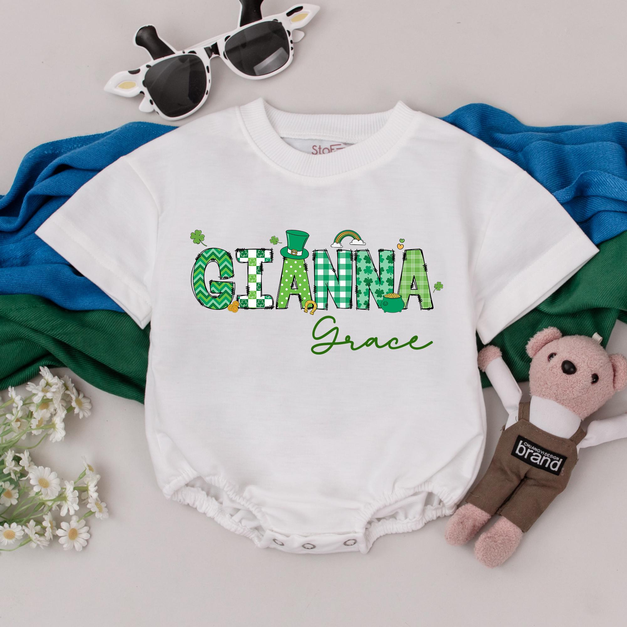 Custom St. Patrick's Day Baby Romper Gianna Design Shamrock Theme Soft Cotton Infant Gift Festive Green Patterned Outfit