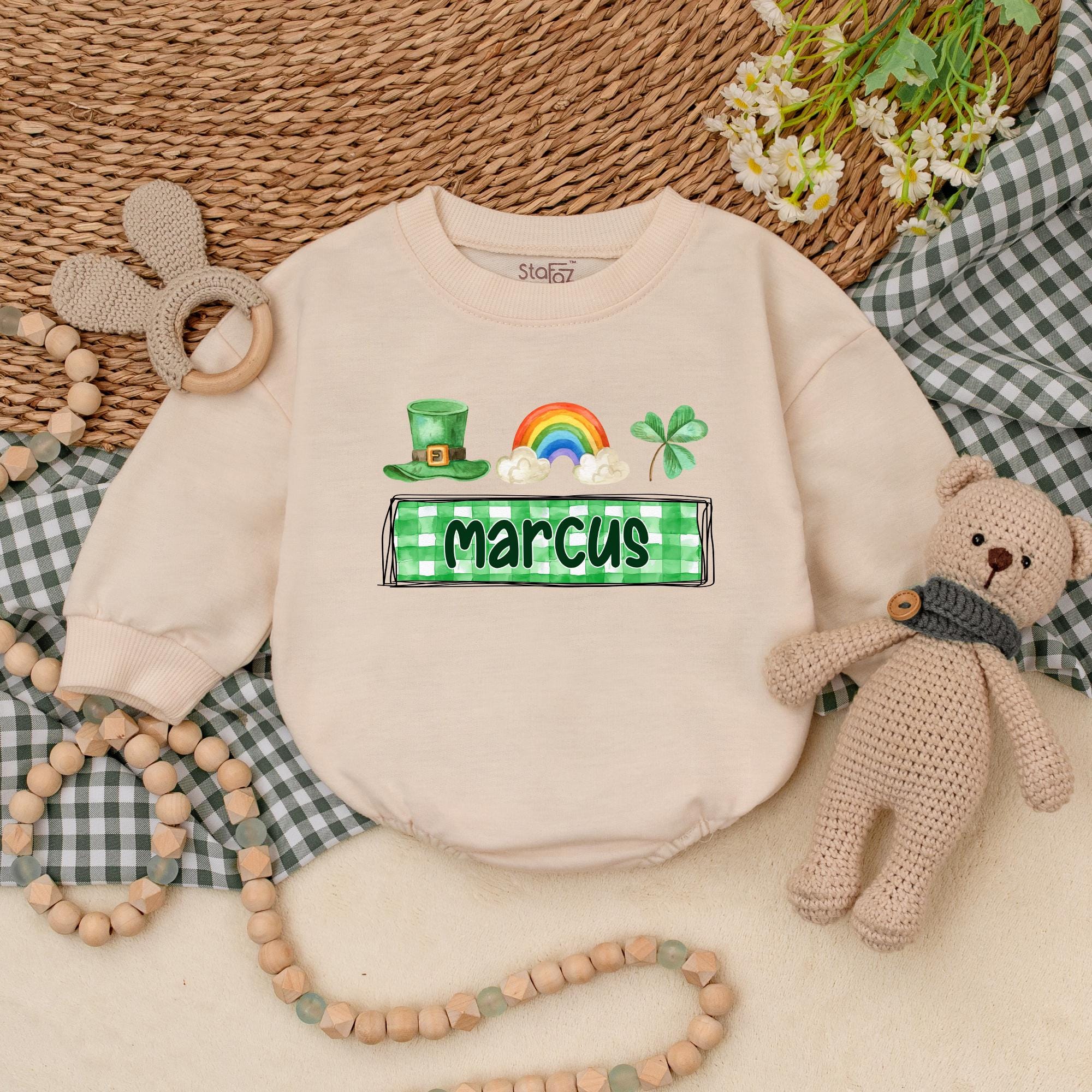 Custom St. Patrick's Day Baby Romper with Shamrock and Rainbow Design Personalized Marcus Plaid Outfit First Holiday Gift Cotton