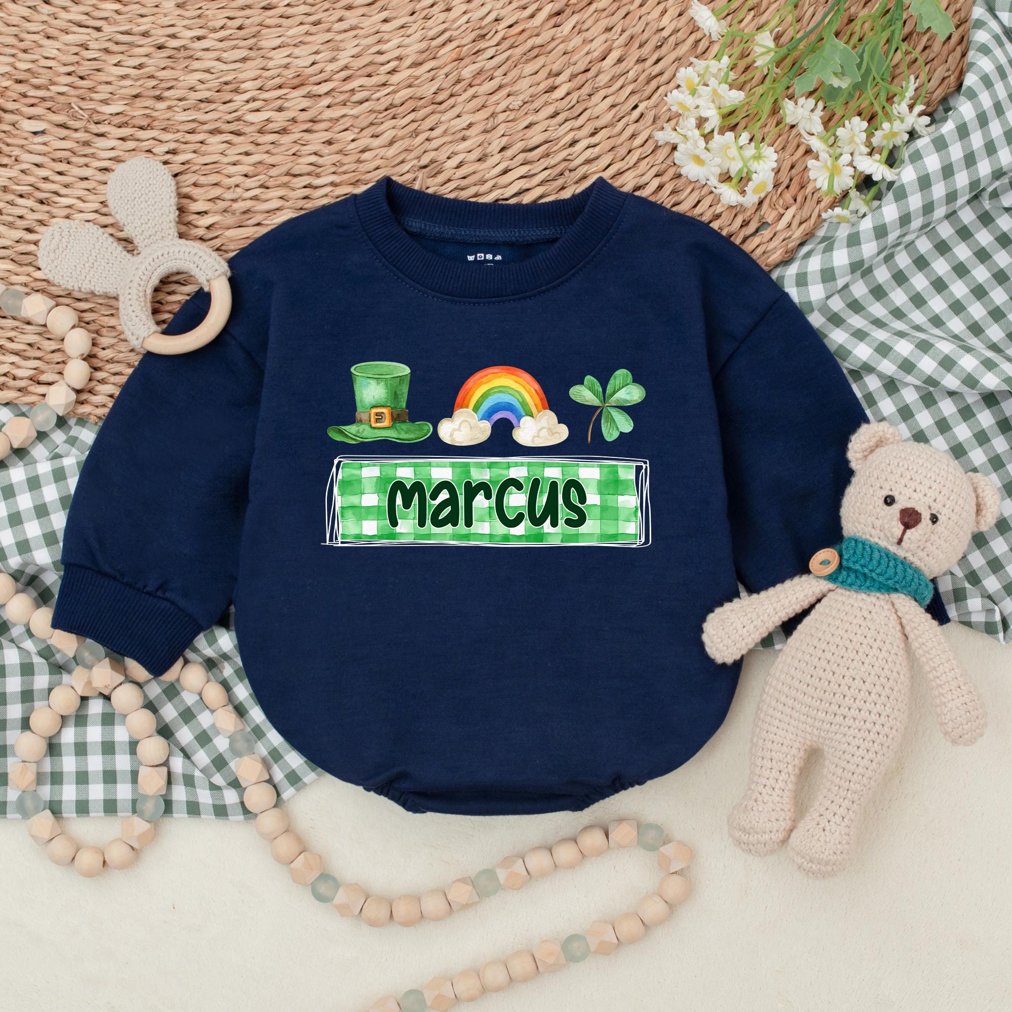 Custom St. Patrick's Day Baby Romper with Shamrock and Rainbow Design Personalized Marcus Plaid Outfit First Holiday Gift Cotton
