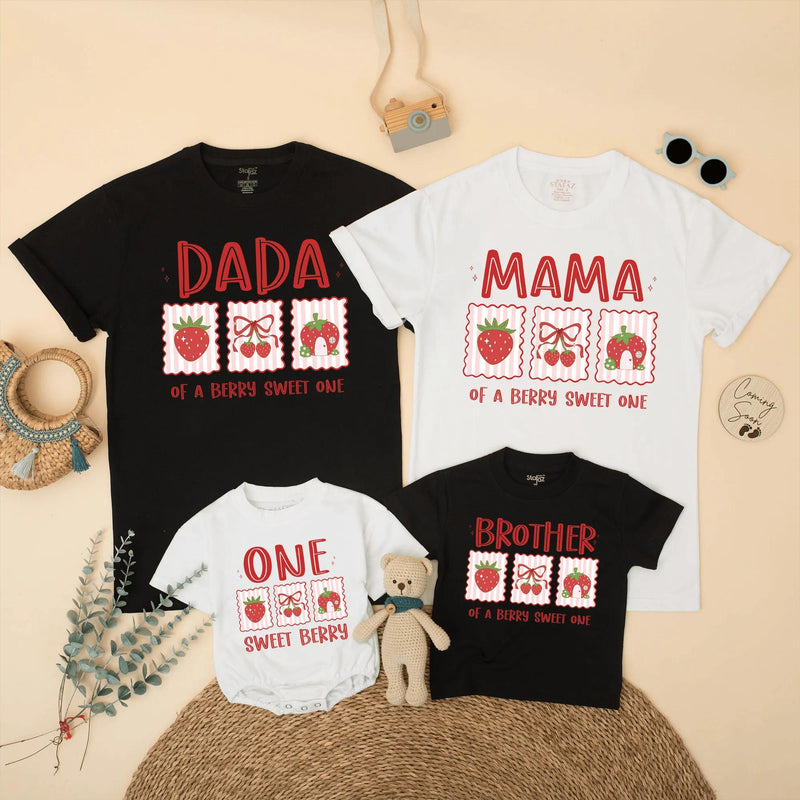 Custom Strawberry Dada Mama Sister Berry Sweet One Family Matching Soft Cotton Tees and Romper for Kids Adults First Birthday Spring