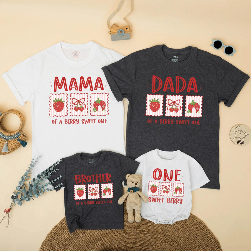 Custom Strawberry Dada Mama Sister Berry Sweet One Family Matching Soft Cotton Tees and Romper for Kids Adults First Birthday Spring