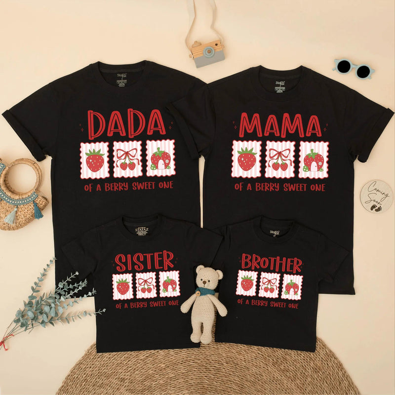 Custom Strawberry Dada Mama Sister Berry Sweet One Family Matching Soft Cotton Tees and Romper for Kids Adults First Birthday Spring