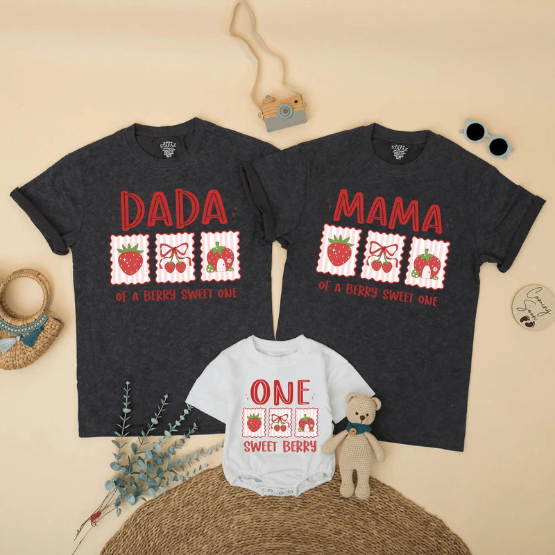 Custom Strawberry Dada Mama Sister Berry Sweet One Family Matching Soft Cotton Tees and Romper for Kids Adults First Birthday Spring