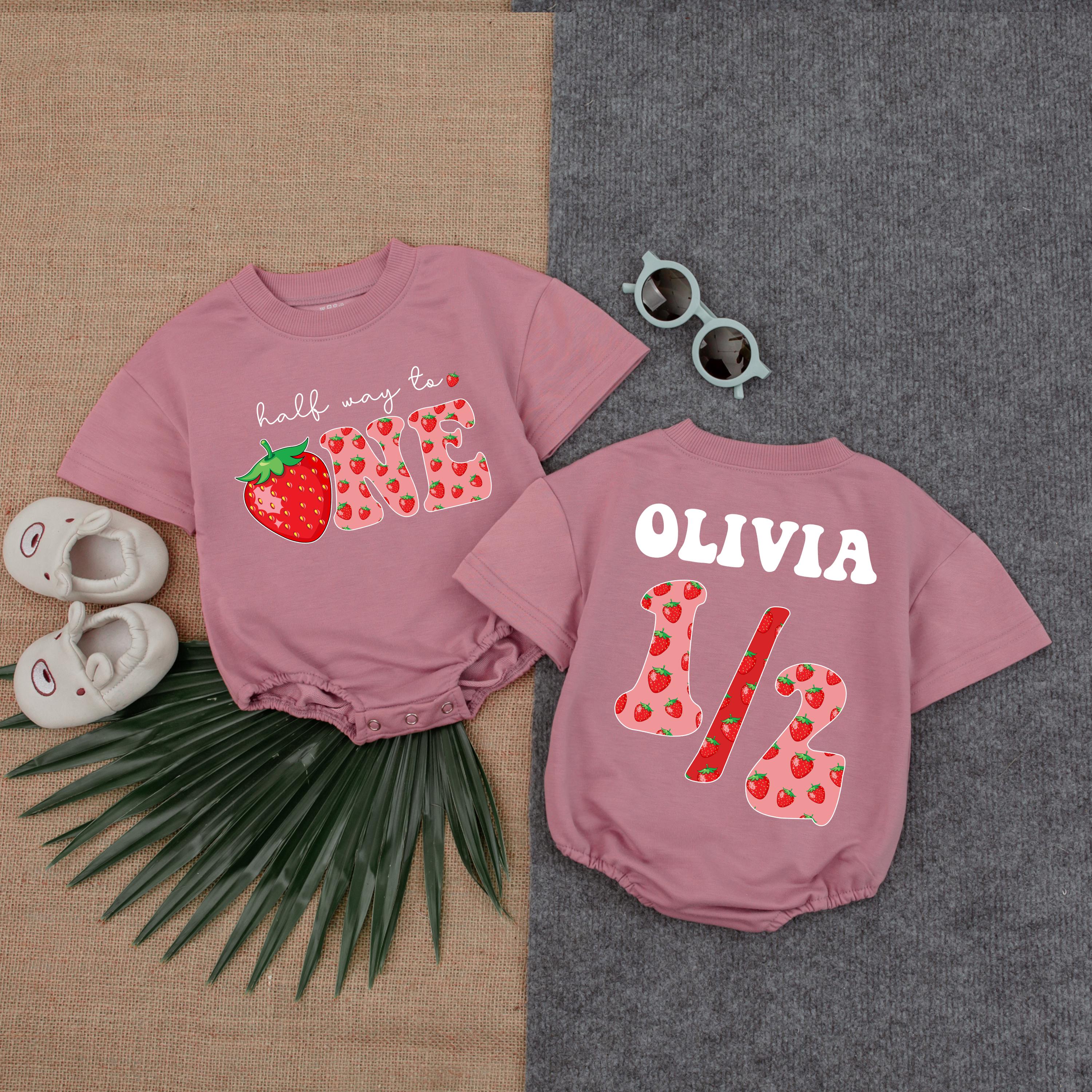 Custom Strawberry Half Way to One Romper Personalized Baby Girl Outfit Birthday Summer Gift with Olivia Name Cotton Playful Design