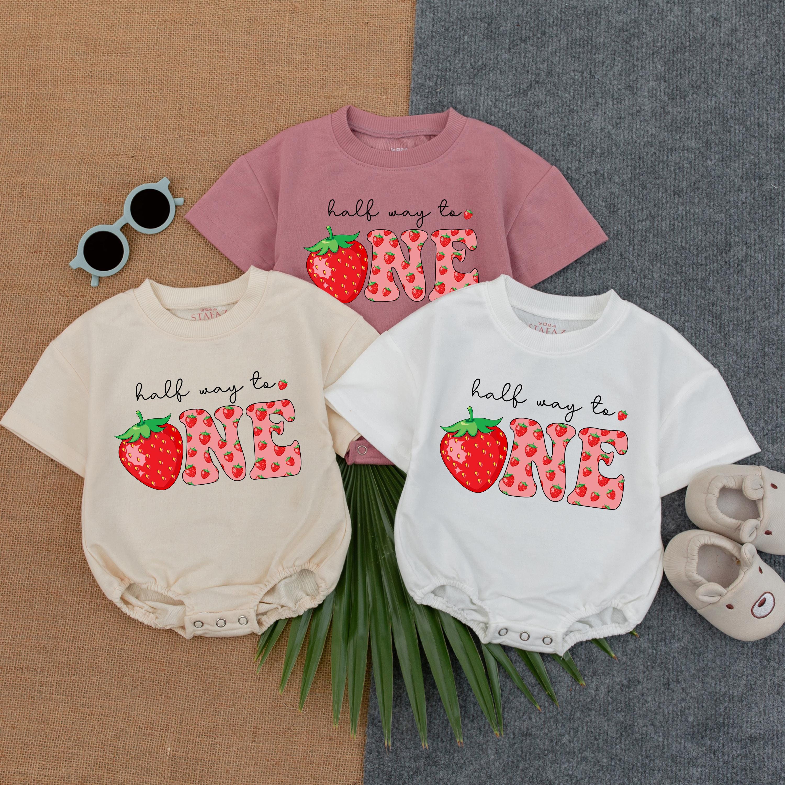 Custom Strawberry Half Way to One Romper Personalized Baby Girl Outfit Birthday Summer Gift with Olivia Name Cotton Playful Design
